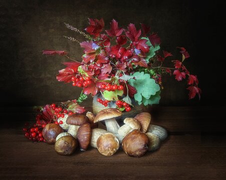 Autumn still life with flowers and fruits