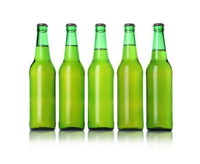 Green bottles with beer isolated on white