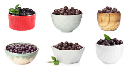 Set of fresh acai berries in bowls on white background. Banner design