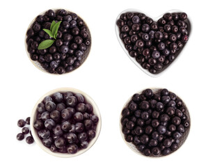 Set of fresh acai berries in bowls on white background, top view