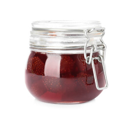 Delicious pickled strawberry jam in glass jar isolated on white