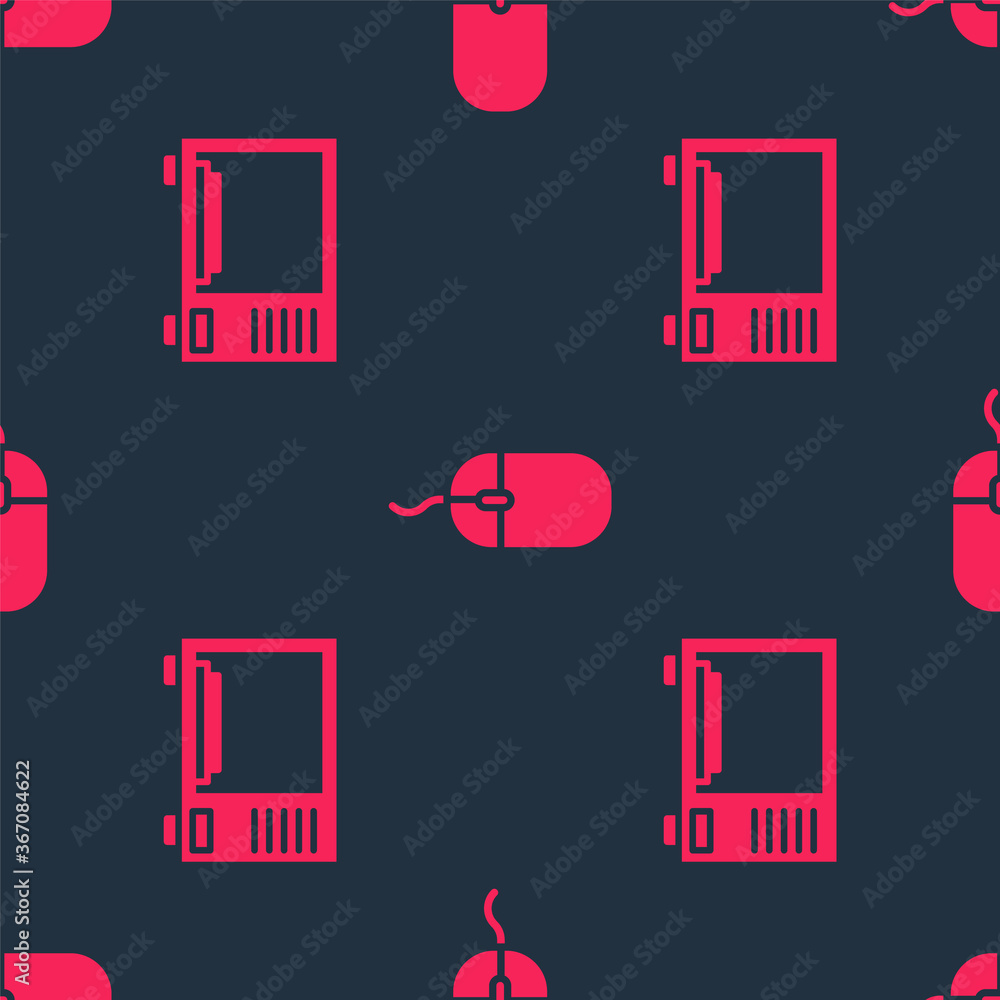 Poster set microwave oven and computer mouse on seamless pattern. vector.