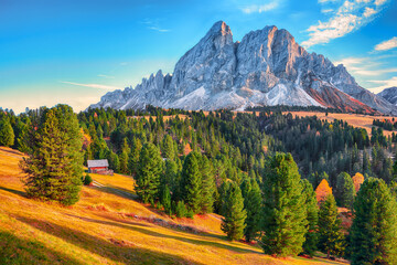 Fantastic view of Peitlerkofel mountain from Passo delle Erbe in Dolomites