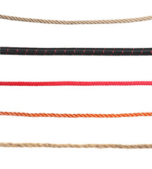 Set of different ropes on white background