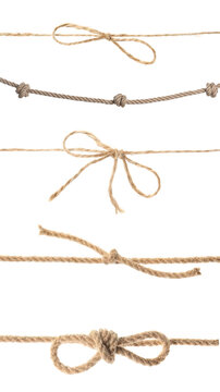 Set of hemp ropes on white background