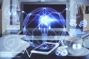 Desktop computer background and education theme drawing. Double exposure. Study concept.