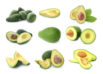 Set of cut and whole avocados on white background