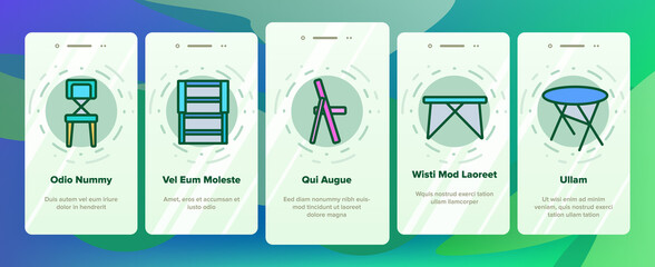 Folding Furniture Onboarding Mobile App Page Screen Vector. Table And Chair, Lounge And Armchair Compact And Garden Relaxation Furniture Illustrations