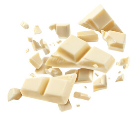 Chocolate explosion, pieces shattering on white background