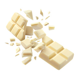 Chocolate explosion, pieces shattering on white background