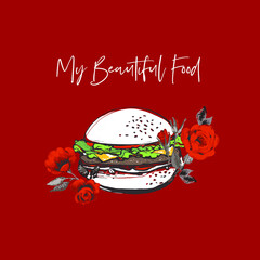White hamburger and red roses flowers and beautiful food script. Fashion fast food stylish modern textile t-shirt design. Vector fashion sketch. Red background. Vintage fabric print.