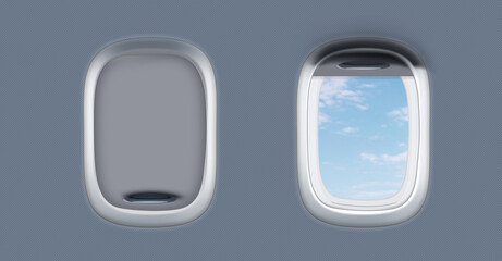 Open and closed airplane portholes, banner design