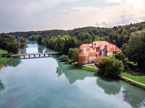 Castle Otočec. Five star hotel and restaurant in Otocec castle, Slovenia. Beautiful Otocec castle in the forest on the island in the middle of the river.
