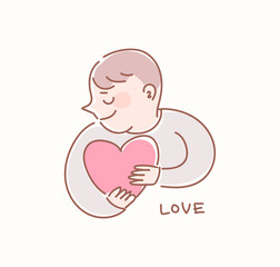 하트를 안고 있는 남자가 행복하게 웃고 있다.