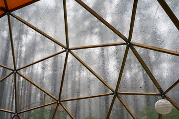 Huge tent with wooden consttruction and transparent plastic in the forest