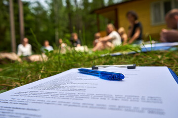 Pen on the paper in the garden. Seminar, people around. 