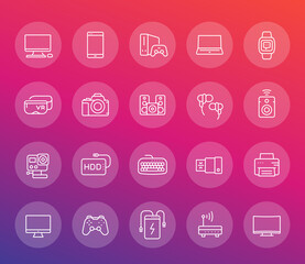 gadgets, modern devices line icons set, pc, laptop, action camera, portable power bank, smart watch, external hard drive, mirrorless camera, vr headset, wireless speaker, game console and gamepad
