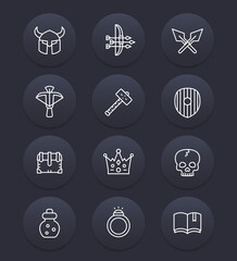 Game line icons set 2, armor, war hammer, crossbow, arrows and bow, RPG items