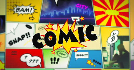Comic speech bubble text in the foreground of colorful comic strip