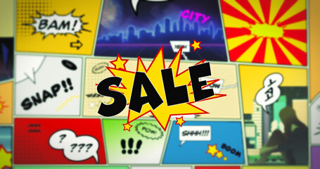 Sale speech bubble text in the foreground of colorful comic strip