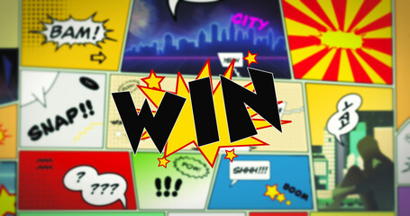 Win speech bubble text in the foreground of colorful comic strip