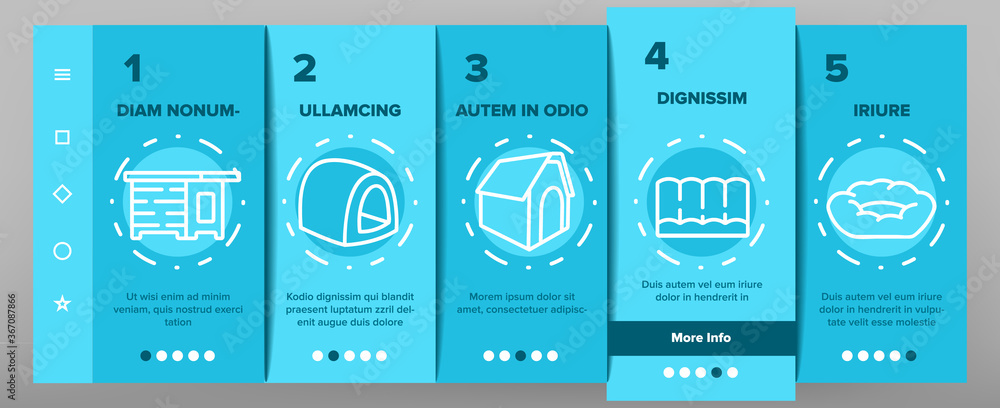 Poster doghouse accessory onboarding mobile app page screen vector. doghouse in different style, container 