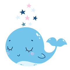 Flat vector illustration of cute cartoon blue and pink whale with stars. Color illustration of a whale in doodle style.