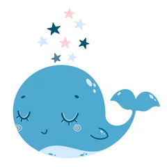 Foto auf Acrylglas Flache Illustration des blauen und rosa Wals der netten Karikatur mit Sternen. Farbabbildung eines Wals im Doodle-Stil. © Bonbonny