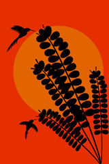 silhouette of a flying hummingbirds and flower silhouette vector orange sunset Background image