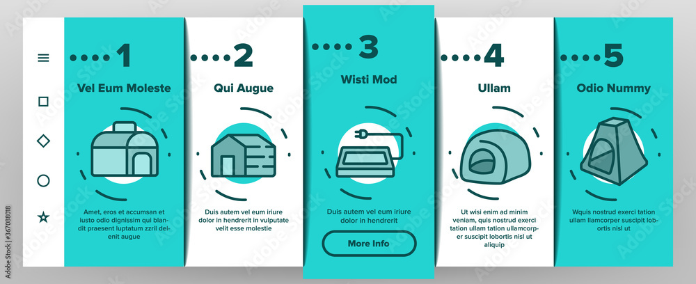 Poster doghouse accessory onboarding mobile app page screen vector. doghouse in different style, container 