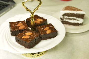 Fresh  Homemade Brownies chocolate cake with Almonds  