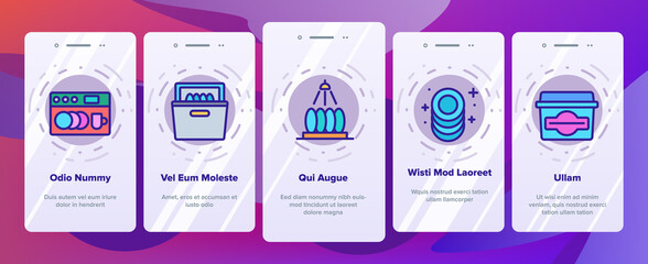 Dishwasher Utensil Onboarding Mobile App Page Screen Vector. Dishwasher Equipment And Cleaning Liquid Bottle For Wash Dishware Cup And Plate Illustrations