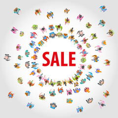 A large group of people crowds in the shape of a circle. Top view. People run to the sales event. View from above.