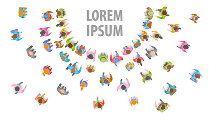 People run to the sales event. Top view. A group of different people running. View from above. Space for text.