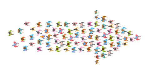 A group of people in the shape of an arrow. Top view. Crowded people vector arrow symbol. View from above. Way to success business concept. 