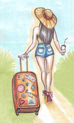 a woman in a hat with orange suitcase