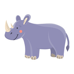 Vector illustration of a cute rhinoceros in cartoon hand drawn flat style. A funny animal with a big horn. Animals safari, jungle.Beautiful animal for printing on clothes, logo, design for children