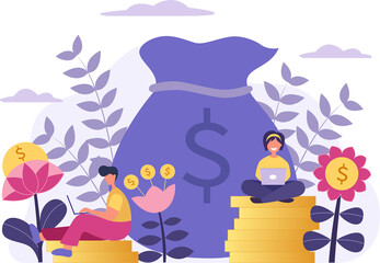 Naklejka premium Vector creative illustration of, cash profits, career growth to success, flat color icons, a big bag of money, male and female characters working on a laptop.