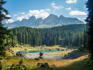 Karersee below the Karerpass at the foot of the Latemar massif