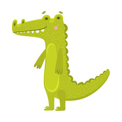 Vector illustration of a cute crocodile in cartoon hand drawn flat style. Kind green aligator from safari, jungle. Funny animal for printing on clothes, stationery, logo, design of goods for children