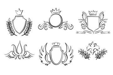 Heraldic line art set. Black line sketch royal crown, shield, floral leaves, wings elements. Vector vintage logo decorations - obrazy, fototapety, plakaty