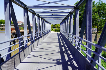 Overground Pedestrian Metal Crossing steel bridge walkway with Modern building perspective