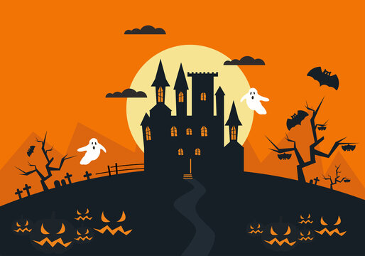 Vector illustration for halloween. Dracula's castle or haunted house on the background of the moon at night