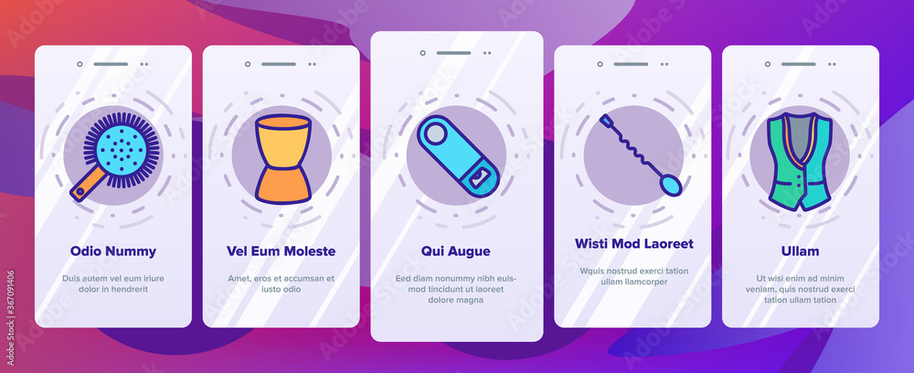 Aufkleber bartender equipment onboarding mobile app page screen vector. bartender shaker and bucket with ice, 