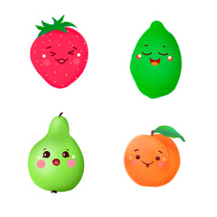 Illustration, funny fruits. Strawberry, lime, peach, pear
Games, postcards, children's, cards,
