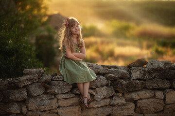 
a girl with loose hair sits on a stone fence in a village on a summer evening and smiles