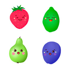 strawberry, lime, pear, plum. Whole fruits illustration. For children, holidays, cards, prints. Kawaii.