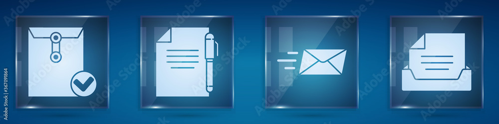 Aufkleber set envelope and check mark, document and pen, express envelope and drawer with document. square gla