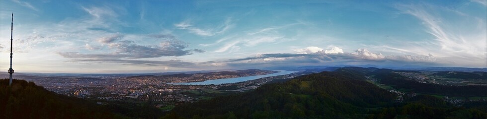 Fototapeta na wymiar Panorama from the Uetliberg on Zurich Switzerland in the evening