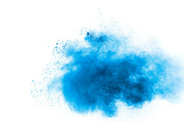 Blue color powder explosion on white background. - obrazy, fototapety, plakaty